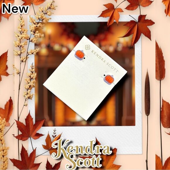 New Kendra Scott Pumpkin Silver Stud Earrings in Orange Mother-of-Pearl - Picture 3 of 4